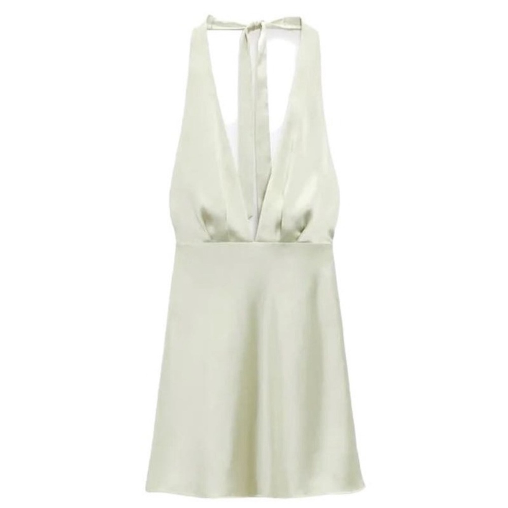 Zara green satin mini halter dress - L